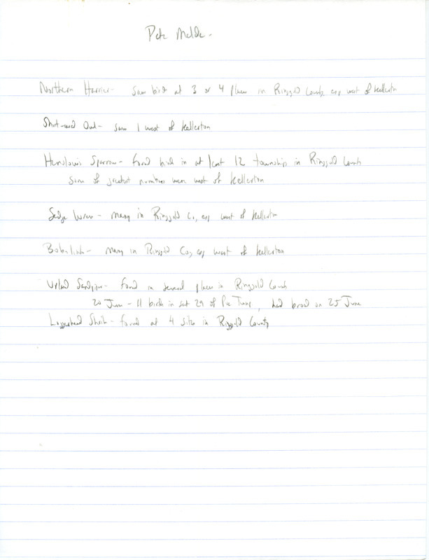 Summer report of birds and locations contributed by Peter B. Melde. Also included is a letter from Rolf R. Koford to James J. Dinsmore (on behalf of Melde) regarding notes on Melde's sightings of Hen Harriers and Short-eared Owls. This item was used as supporting documentation for the Iowa Ornithologists' Union Quarterly field report of summer 1997.