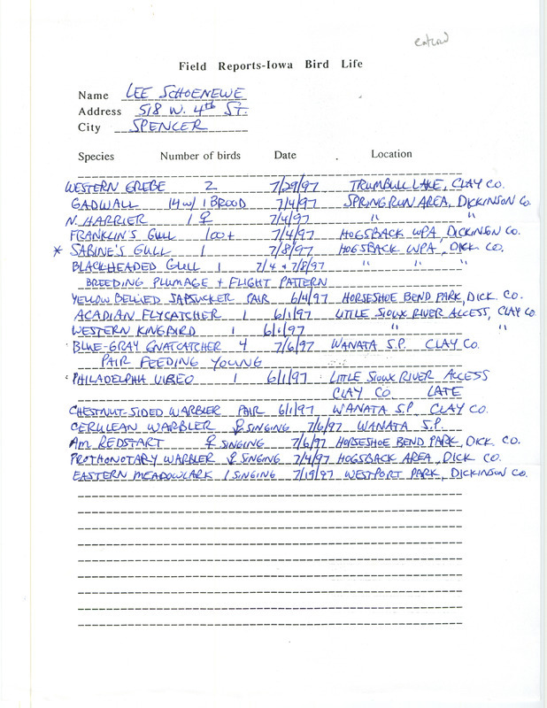 Summer report of birds found in northwest Iowa contributed by Lee A. Schoenewe. This item was used as supporting documentation for the Iowa Ornithologists' Union Quarterly field report of summer 1997.