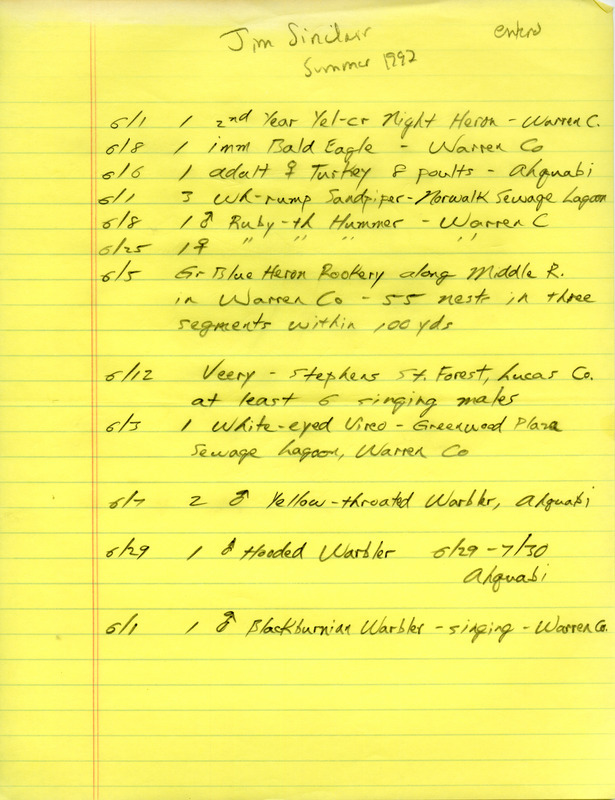 Summer report of birds and locations contributed by Jim Sinclair. This item was used as supporting documentation for the Iowa Ornithologists' Union Quarterly field report of summer 1997.