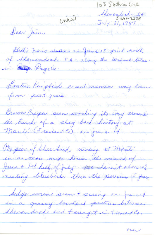 Letter from Marie E. Spears Tiemann and Jean B. Braley to James J. Dinsmore regarding summer bird sightings, July 31, 1997. This item was used as supporting documentation for the Iowa Ornithologists' Union Quarterly field report of summer 1997.