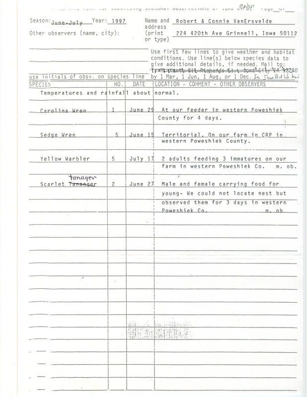 Summer report of birds found in Poweshiek County contributed by Robert VanErsvelde and Connie VanErsvelde. This item was used as supporting documentation for the Iowa Ornithologists' Union Quarterly field report of summer 1997.