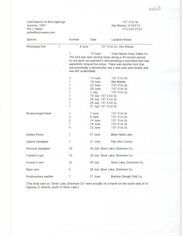 Summer report of birds and locations contributed by Philip J. Walsh. This item was used as supporting documentation for the Iowa Ornithologists' Union Quarterly field report of summer 1997.