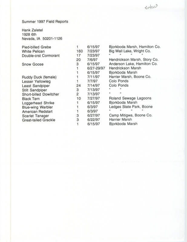 Summer report of birds found in central Iowa contributed by Hank Zaletel. This item was used as supporting documentation for the Iowa Ornithologists' Union Quarterly field report of summer 1997.