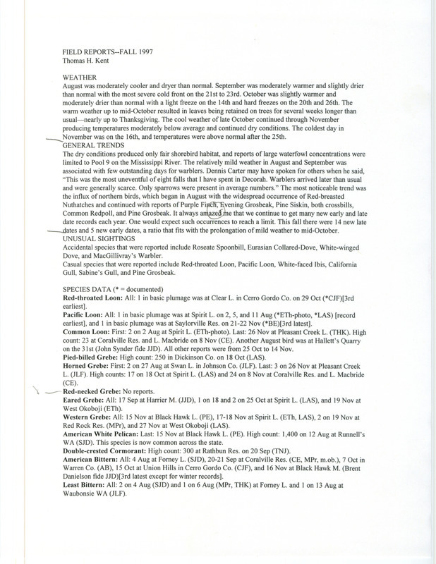 Quarterly field report for the fall of 1997 compiled by Thomas H. Kent.