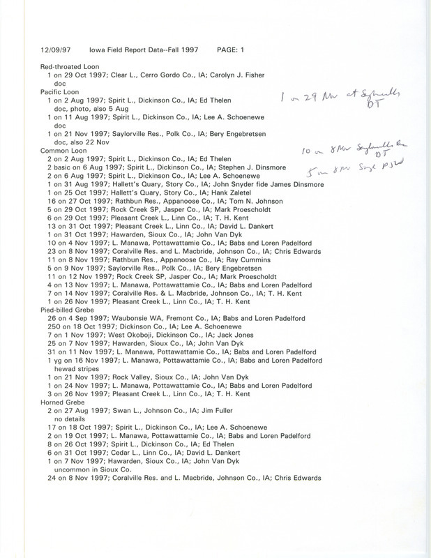 An annotated list of bird sightings organized by species, December 9, 1997. The list also contains the number of birds seen, date of sighting, location, and observer of each species. This item was used as supporting documentation for the Iowa Ornithologists' Union Quarterly field report of fall 1997.