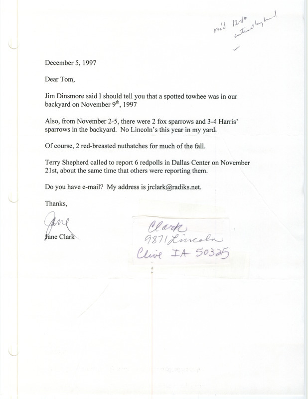 Letter from Jane Clark to Thomas H. Kent regarding fall bird sightings, December 5, 1997. This item was used as supporting documentation for the Iowa Ornithologists' Union Quarterly field report of fall 1997.