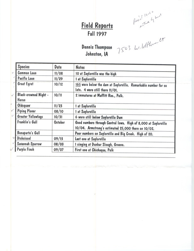 Fall report of birds and locations contributed by Dennis Thompson. This item was used as supporting documentation for the Iowa Ornithologists' Union Quarterly field report of fall 1997.