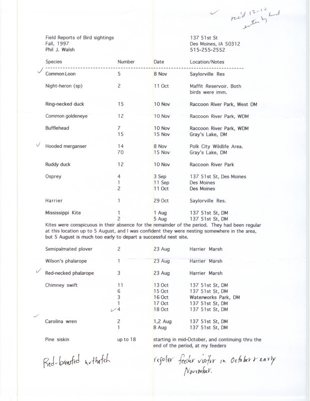 Fall report of birds found in central Iowa contributed by Philip J. Walsh. This item was used as supporting documentation for the Iowa Ornithologists' Union Quarterly field report of fall 1997.