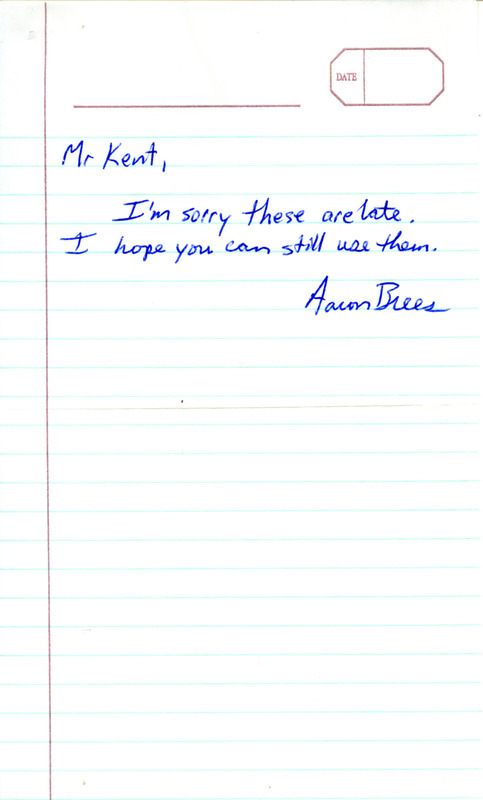 Fall report of birds and locations contributed by Aaron Brees. Also includes a brief note from Brees to Thomas H. Kent regarding the lateness of the report. This item was used as supporting documentation for the Iowa Ornithologists' Union Quarterly field report of fall 1997.