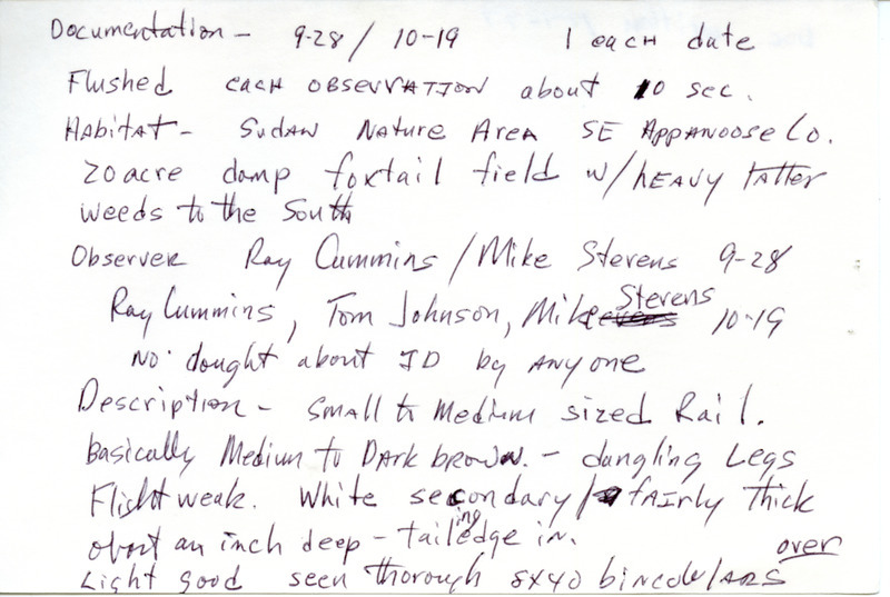 Fall report of birds and locations contributed by Raymond L. Cummins. Also included are details of a Yellow Rail sighting. This item was used as supporting documentation for the Iowa Ornithologists' Union Quarterly field report of fall 1997.