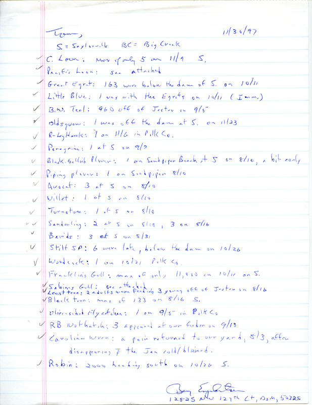 Letter from Bery Engebretsen to Thomas H. Kent regarding fall bird sightings, November 30, 1997. This item was used as supporting documentation for the Iowa Ornithologists' Union Quarterly field report of fall 1997.