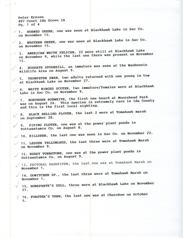 Fall report of birds contributed by Peter Ernzen. Also included is a letter from Ernzen to Thomas H. Kent regarding a Pine Grosbeak sighting reported by Curtis L. Rector. This item was used as supporting documentation for the Iowa Ornithologists' Union Quarterly field report of fall 1997.