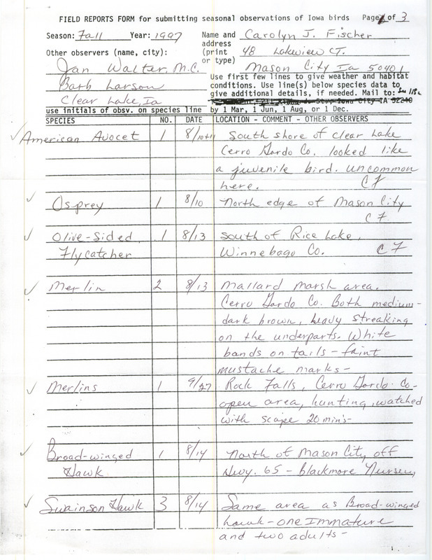 Fall report of birds found in northern Iowa contributed by Carolyn J. Fischer. This item was used as supporting documentation for the Iowa Ornithologists' Union Quarterly field report of fall 1997.