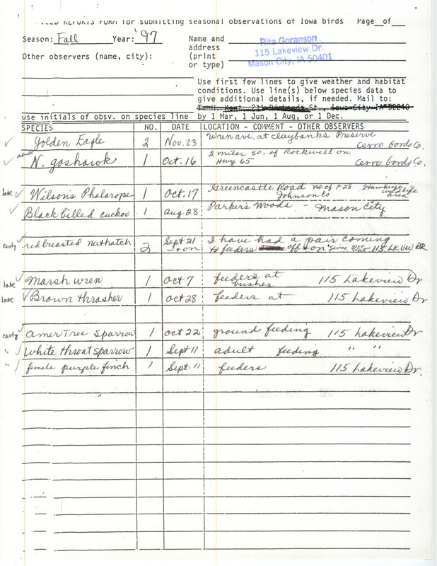 Fall report of birds and locations contributed by Rita Goranson. This item was used as supporting documentation for the Iowa Ornithologists' Union Quarterly field report of fall 1997.