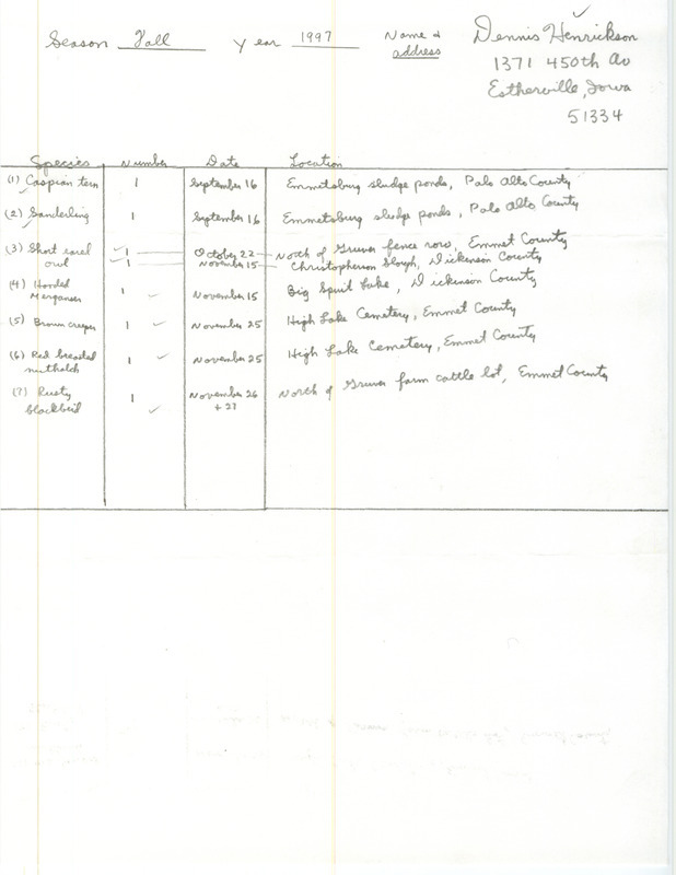 Fall report of birds found in northwest Iowa contributed by Dennis Henrickson. This item was used as supporting documentation for the Iowa Ornithologists' Union Quarterly field report of fall 1997.