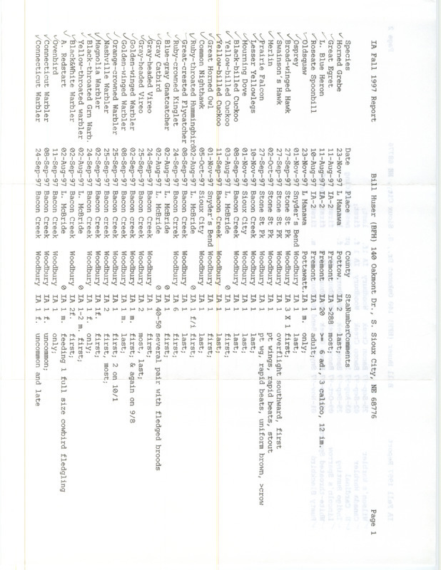 Fall report of birds and locations contributed by Bill F. Huser. This item was used as supporting documentation for the Iowa Ornithologists' Union Quarterly field report of fall 1997.