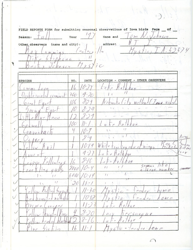 Fall report of birds and locations contributed by Thomas N. Johnson. Also included are details of a Yellow Rail sighting. This item was used as supporting documentation for the Iowa Ornithologists' Union Quarterly field report of fall 1997.