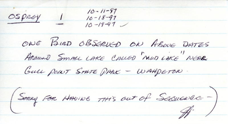 Fall report of birds found in northwest Iowa contributed by Jack Jones. This item was used as supporting documentation for the Iowa Ornithologists' Union Quarterly field report of fall 1997.