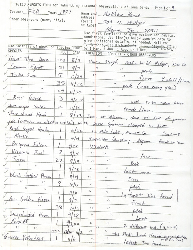 Fall report of birds found in northern Iowa contributed by Matthew Kenne. This item was used as supporting documentation for the Iowa Ornithologists' Union Quarterly field report of fall 1997.