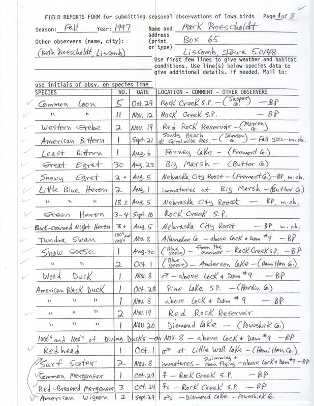 Fall report of birds and locations contributed by Mark Proescholdt and other observers. Also includes a brief note from Proescholdt to Thomas H. Kent regarding the fall birding season and the upcoming fall report. This item was used as supporting documentation for the Iowa Ornithologists' Union Quarterly field report of fall 1997.