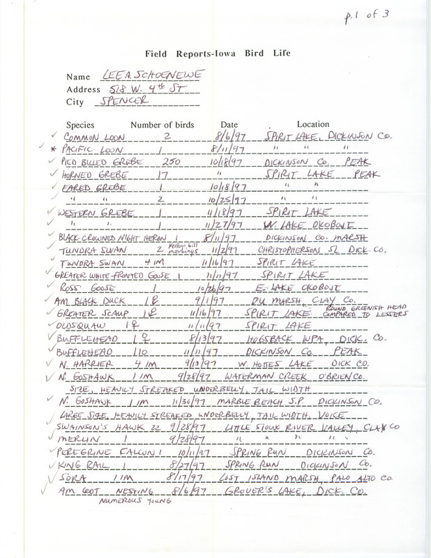 Fall report of birds found in northwest Iowa contributed by Lee A. Schoenewe. This item was used as supporting documentation for the Iowa Ornithologists' Union Quarterly field report of fall 1997.