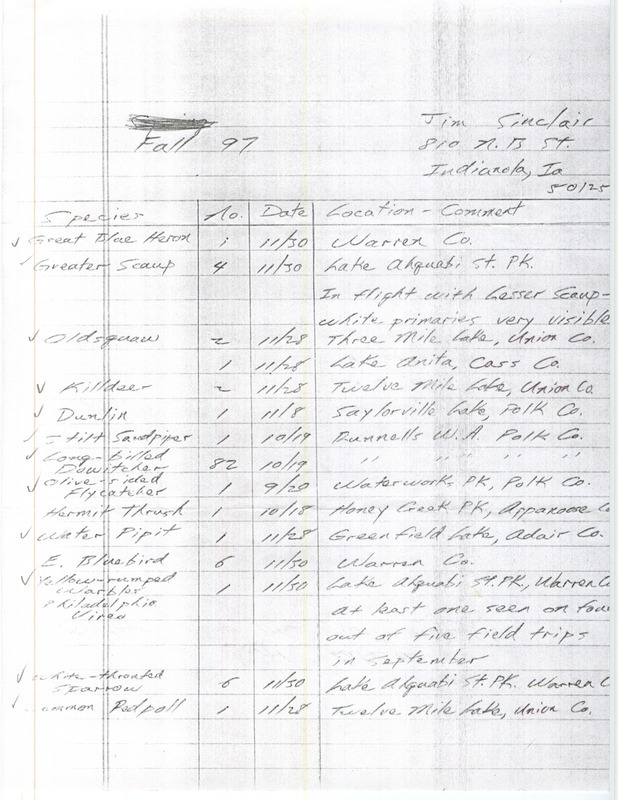 Fall report of birds and locations contributed by Jim Sinclair. This item was used as supporting documentation for the Iowa Ornithologists' Union Quarterly field report of fall 1997.