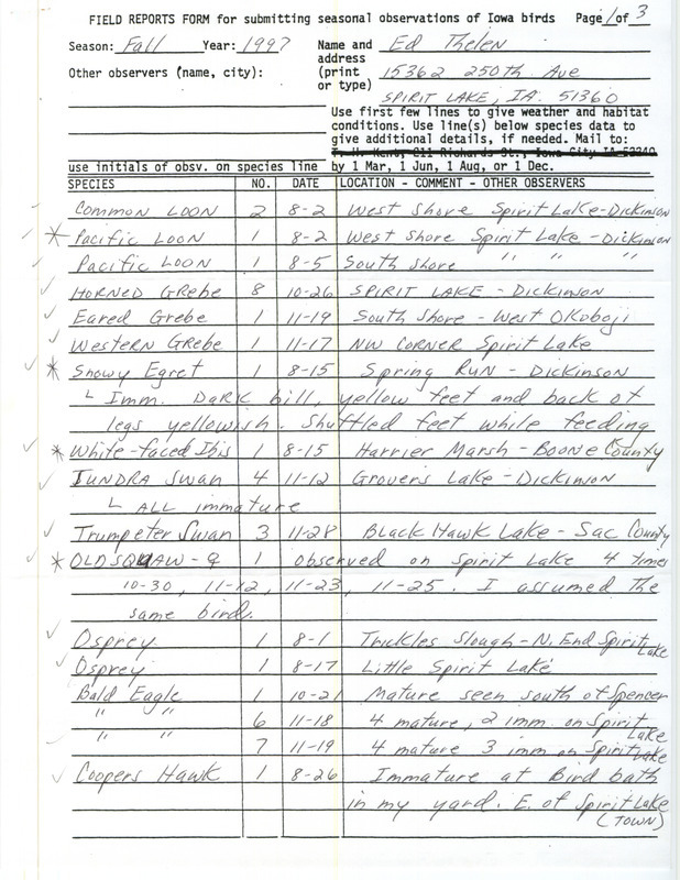 Fall report of birds and locations contributed by Ed Thelen. This item was used as supporting documentation for the Iowa Ornithologists' Union Quarterly field report of fall 1997.