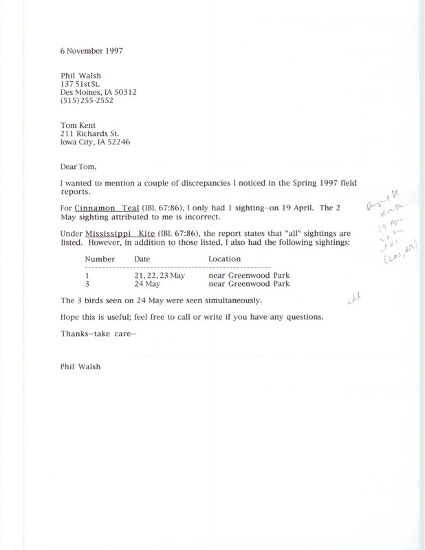 Letter from Philip J. Walsh to Thomas H. Kent regarding discrepancies in the spring 1997 field reports, November 6, 1997. This item was used as supporting documentation for the Iowa Ornithologists' Union Quarterly field report of fall 1997.