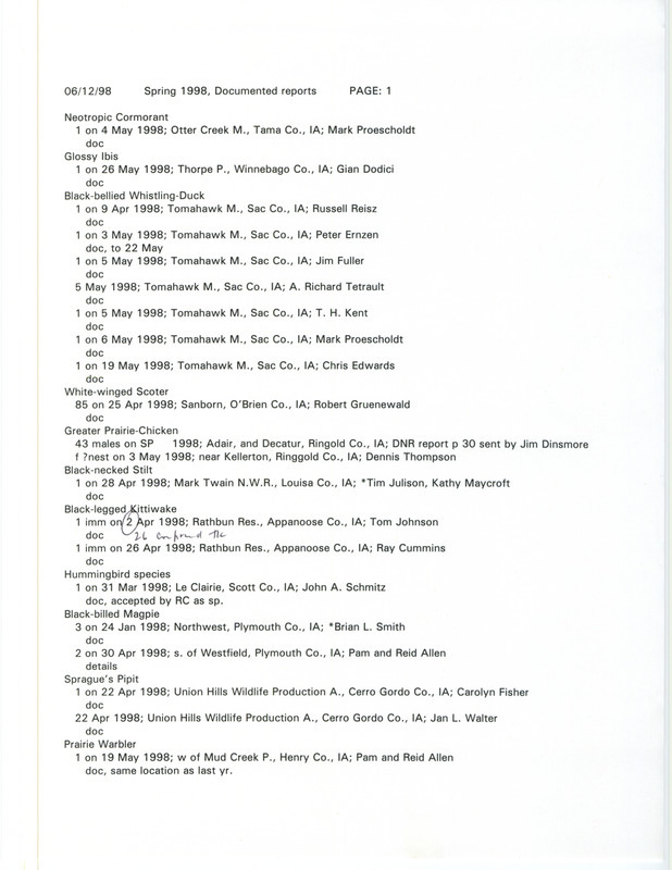 List of documented bird sightings dated June 12, 1998. This list contains the species that were documented in Iowa for spring 1998. This item was used as supporting documentation for the Iowa Ornithologists' Union Quarterly field report of spring 1998.