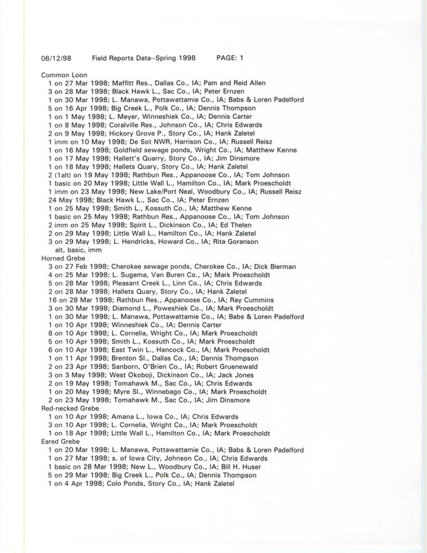 List of bird sightings dated June 12, 1998. This list contains all the sightings that were reported in Iowa for spring 1998. This item was used as supporting documentation for the Iowa Ornithologists' Union Quarterly field report of spring 1998.