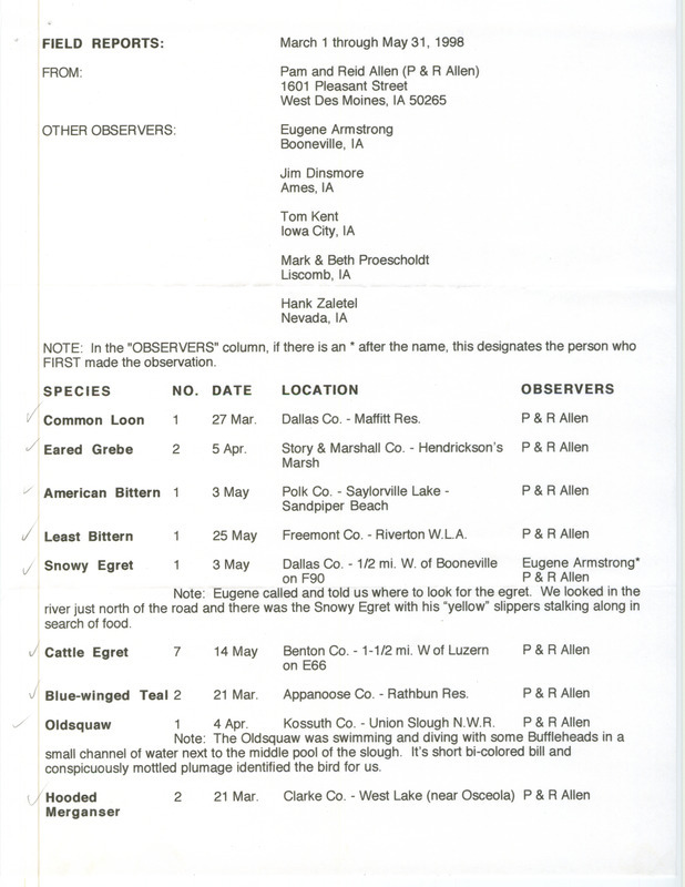 An annotated list of birds sighted by Pam and Reid Allen and six others. This item was used as supporting documentation for the Iowa Ornithologists' Union Quarterly field report of spring 1998.