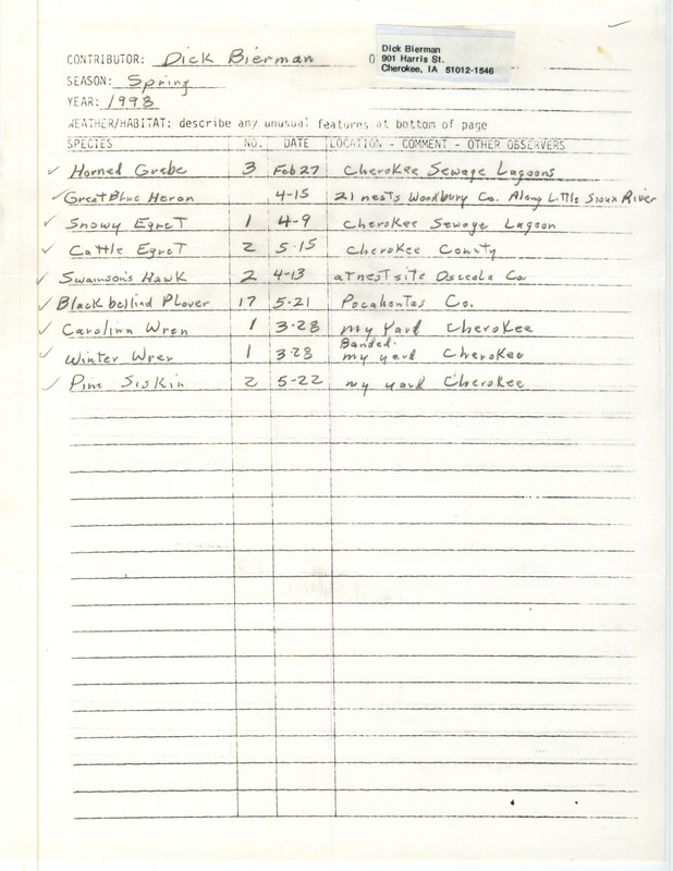 An annotated list of birds sighted by Dick Bierman. This item was used as supporting documentation for the Iowa Ornithologists' Union Quarterly field report of spring 1998.