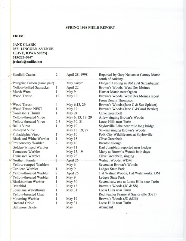 An annotated list of birds sighted by Jane Clark and others. This item was used as supporting documentation for the Iowa Ornithologists' Union Quarterly field report of spring 1998.