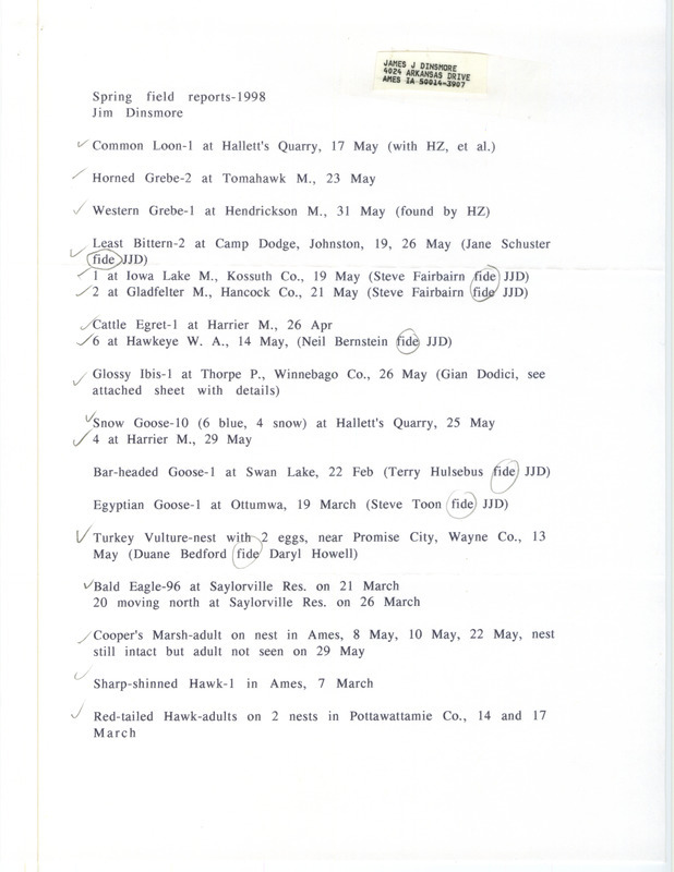 An annotated list of birds sighted by Jim Dinsmore and others. This item was used as supporting documentation for the Iowa Ornithologists' Union Quarterly field report of spring 1998.