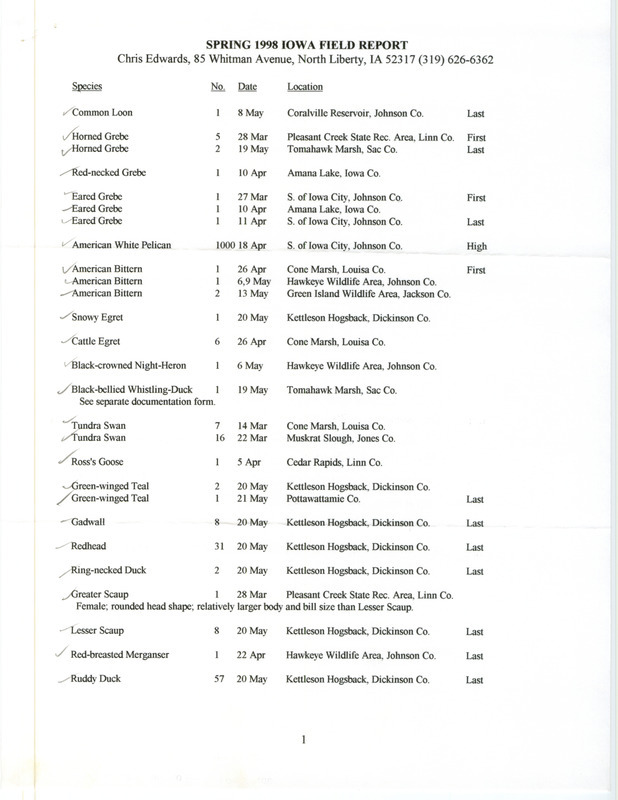 An annotated list of birds sighted by Chris Edwards. This item was used as supporting documentation for the Iowa Ornithologists' Union Quarterly field report of spring 1998.