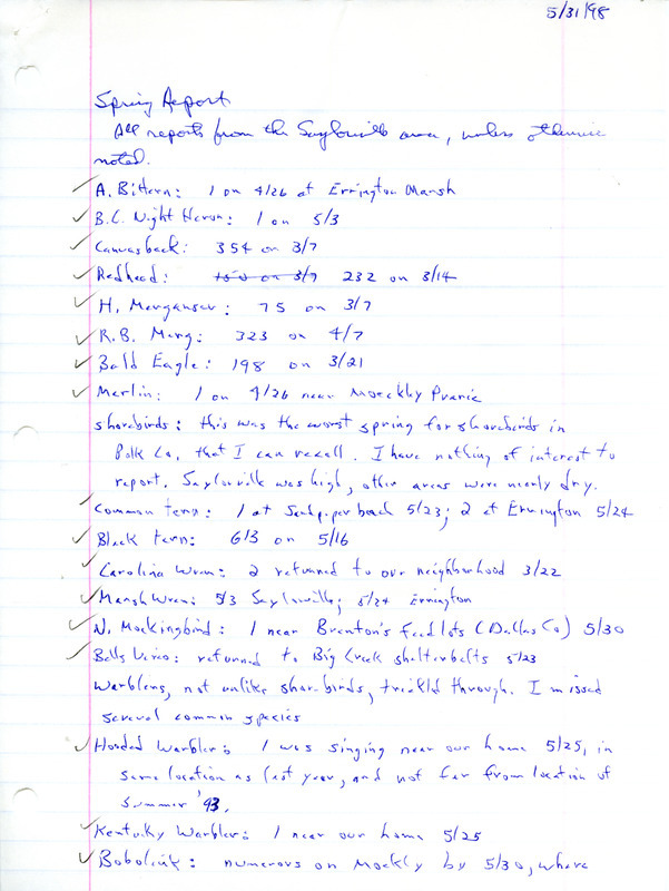 An annotated list of birds sighted by Bery Engebretsen dated May 31, 1998. This item was used as supporting documentation for the Iowa Ornithologists' Union Quarterly field report of spring 1998.