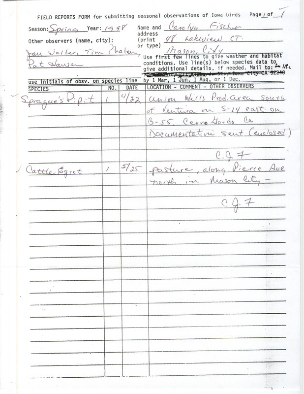 An annotated list of birds sighted by Carolyn Fischer and three others. This item was used as supporting documentation for the Iowa Ornithologists' Union Quarterly field report of spring 1998.