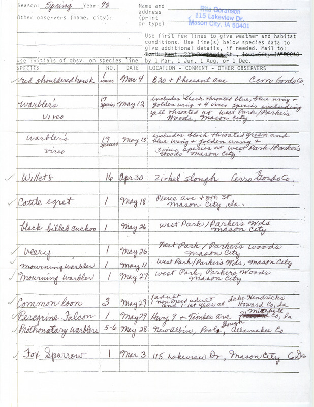 An annotated list of birds sighted by Rita Goranson. This item was used as supporting documentation for the Iowa Ornithologists' Union Quarterly field report of spring 1998.