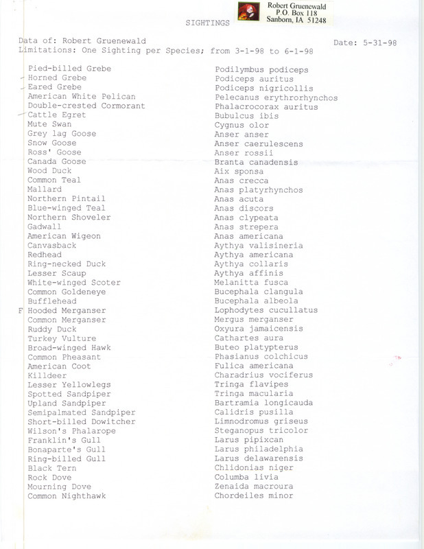 A list of species sighted by Robert Gruenewald dated May 31, 1998. Gruenewald lists 103 bird species sighted from March 1, 1998 to June 1, 1998. This item was used as supporting documentation for the Iowa Ornithologists' Union Quarterly field report of spring 1998.