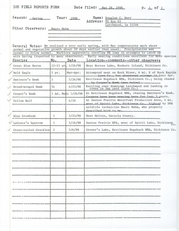 An annotated list of birds sighted by Douglas Harr dated May 28, 1998. This item was used as supporting documentation for the Iowa Ornithologists' Union Quarterly field report of spring 1998.