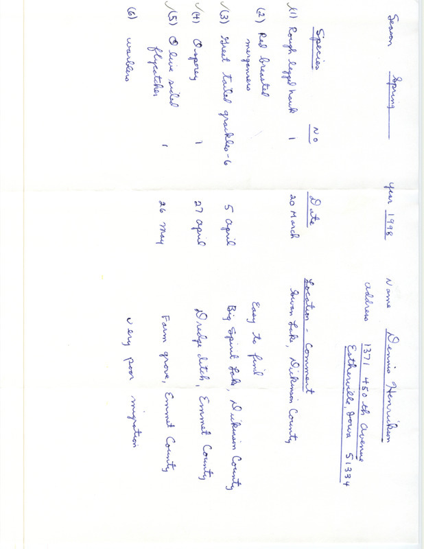 An annotated list of birds sighted by Dennis Henrickson. This item was used as supporting documentation for the Iowa Ornithologists' Union Quarterly field report of spring 1998.