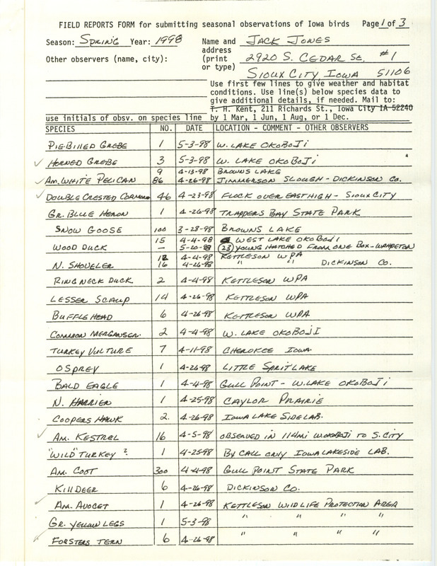 An annotated list of birds sighted by Jack Jones. This item was used as supporting documentation for the Iowa Ornithologists' Union Quarterly field report of spring 1998.