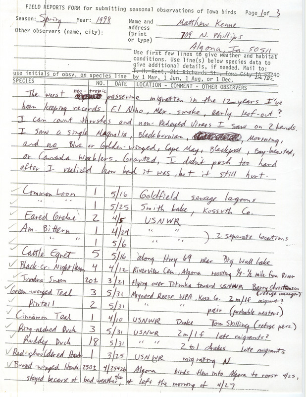 An annotated list of birds sighted by Matthew Kenne and others. This item was used as supporting documentation for the Iowa Ornithologists' Union Quarterly field report of spring 1998.