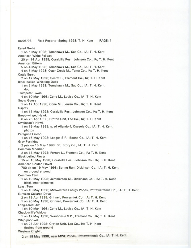 An annotated list of birds sighted by Thomas Kent. This item was used as supporting documentation for the Iowa Ornithologists' Union Quarterly field report of spring 1998.