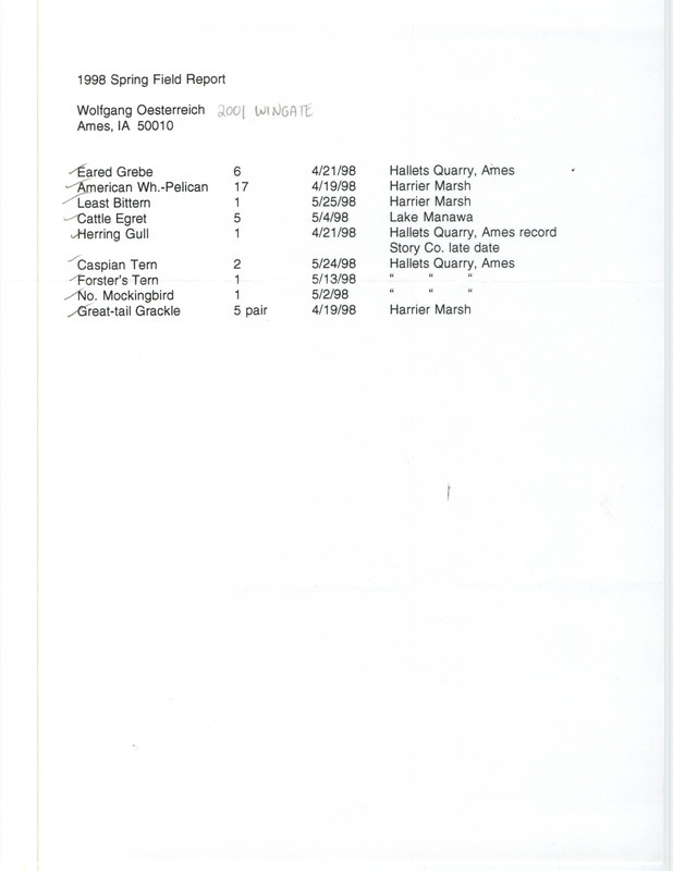 An annotated list of birds sighted by Wolfgang Oesterreich. This item was used as supporting documentation for the Iowa Ornithologists' Union Quarterly field report of spring 1998.