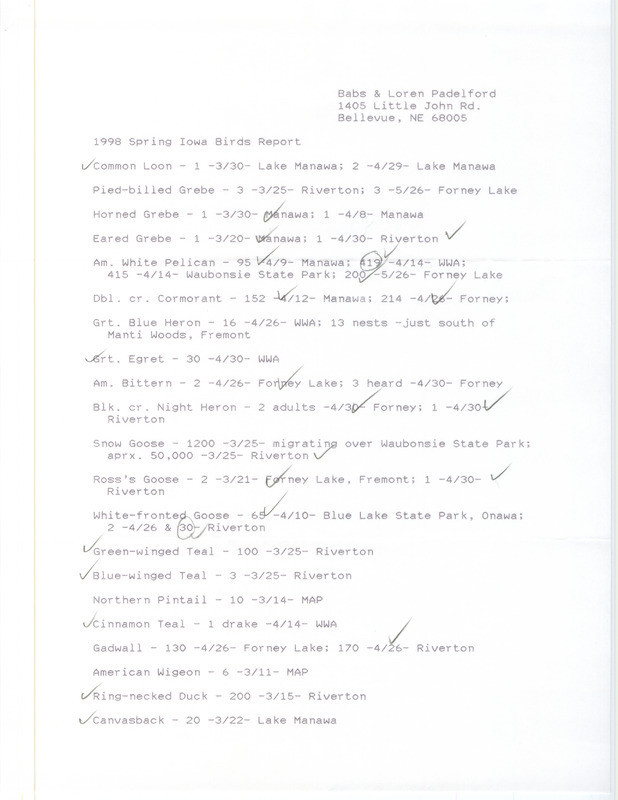 An annotated list of birds sighted by Babs and Loren Padelford. This item was used as supporting documentation for the Iowa Ornithologists' Union Quarterly field report of spring 1998.