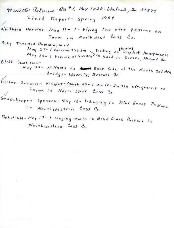 An annotated list of birds sighted by Marietta Petersen. This item was used as supporting documentation for the Iowa Ornithologists' Union Quarterly field report of spring 1998.