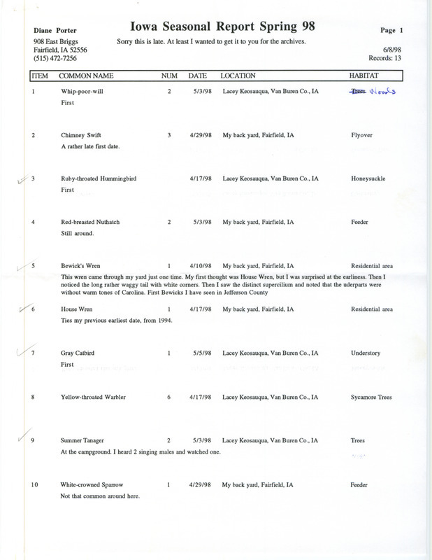 An annotated list of birds sighted by Diane Porter. This item was used as supporting documentation for the Iowa Ornithologists' Union Quarterly field report of spring 1998.