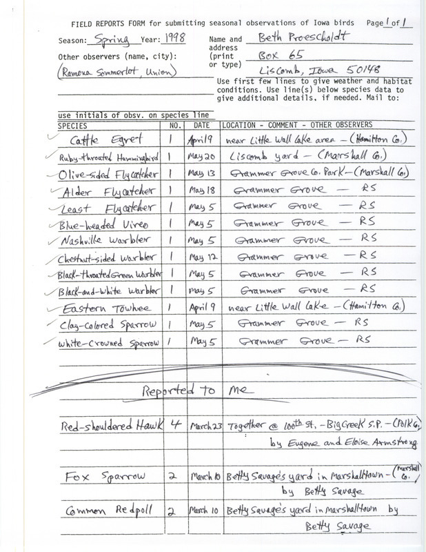 An annotated list of birds sighted by Beth Proescholdt and others. This item was used as supporting documentation for the Iowa Ornithologists' Union Quarterly field report of spring 1998.