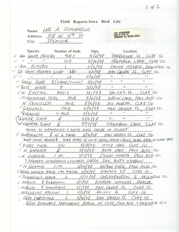 An annotated list of birds sighted by Lee Schoenewe. This item was used as supporting documentation for the Iowa Ornithologists' Union Quarterly field report of spring 1998.